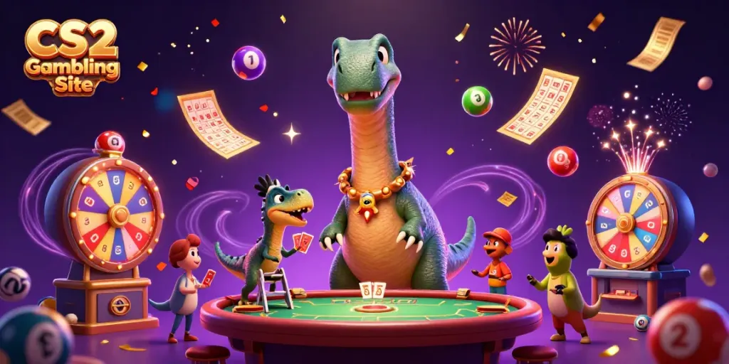 Experience CS2 Gambling Site with a whimsical brontosaurus overseeing a vibrant casino scene.