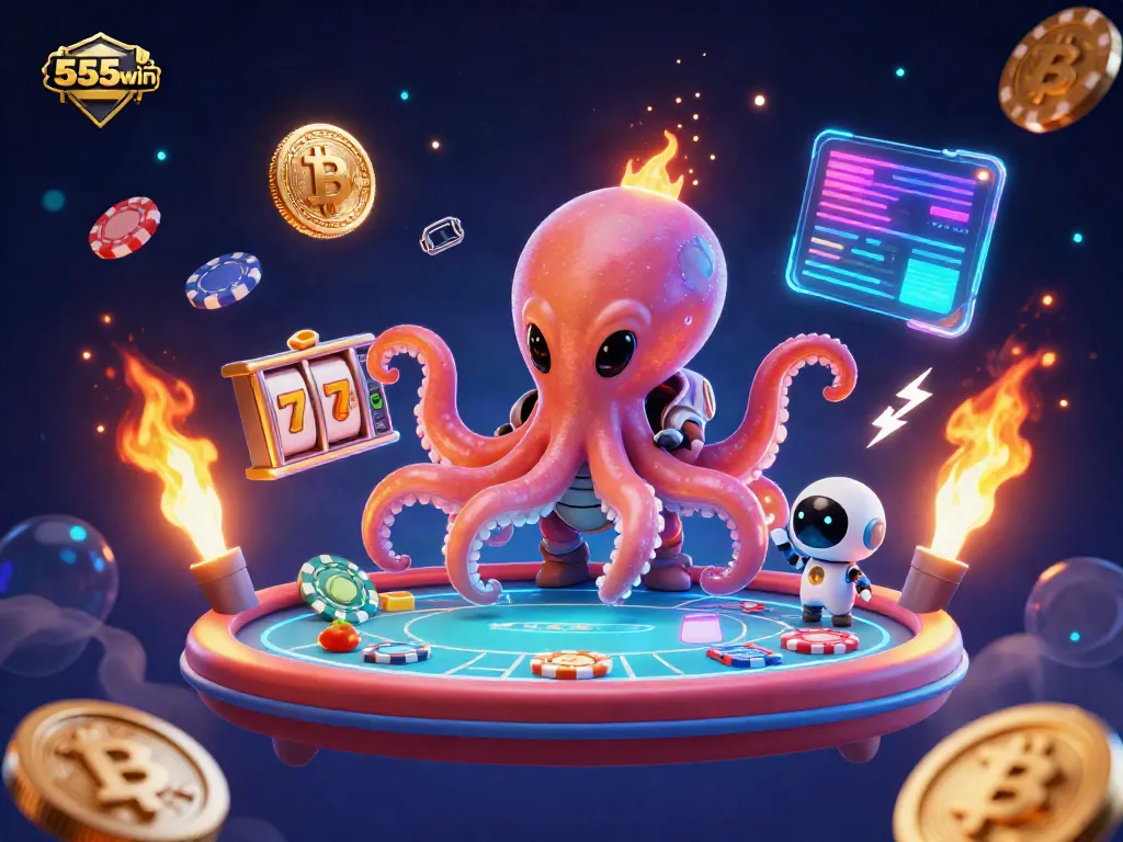 Engage with 555win's vibrant casino scene featuring an alien octopus and holographic games.