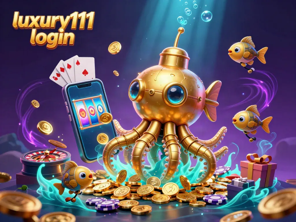 Play engaging slot games with luxury111 login in a vibrant 3D casino scene featuring a golden kraken.