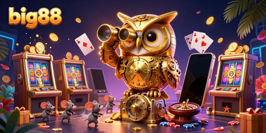 Experience thrilling big88 gaming with a majestic golden owl and lively casino scene.