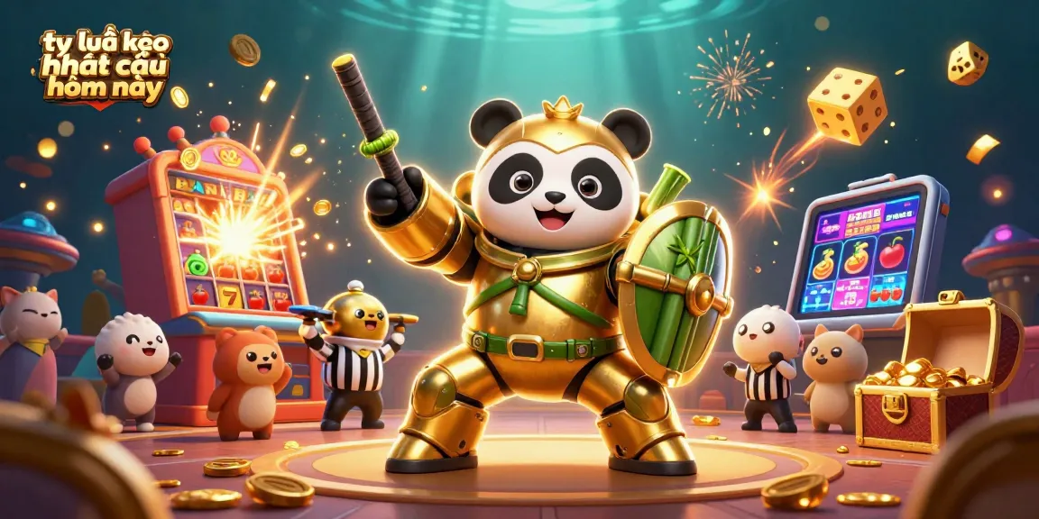 Tỷ lệ kèo nhà cái hôm nay showcased in a vibrant 3D casino illustration with gold and slot themes