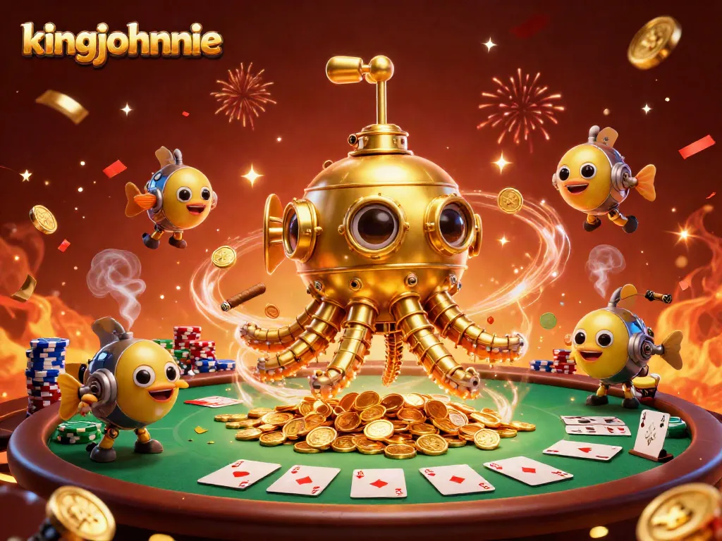 Engage with kingjohnnie's vibrant 3D spectacle of casino thrills featuring kraken submarine and poker elements.