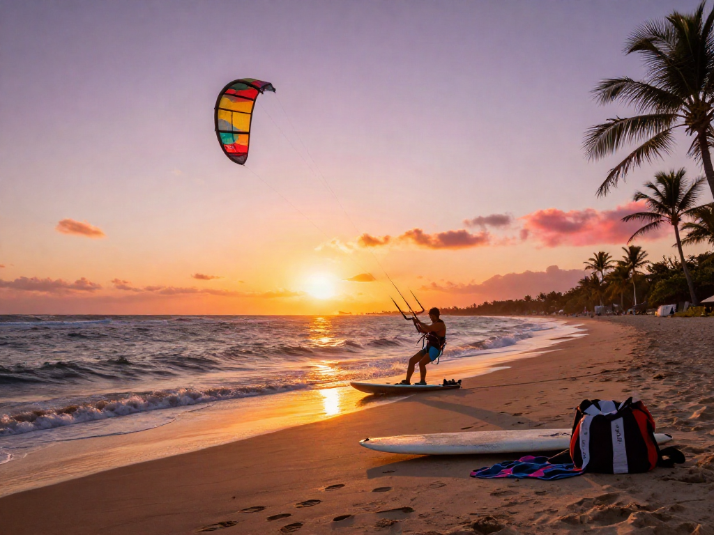 Dynamic kite surfing at sunset, showcasing slot 5k experience on vibrant beach.