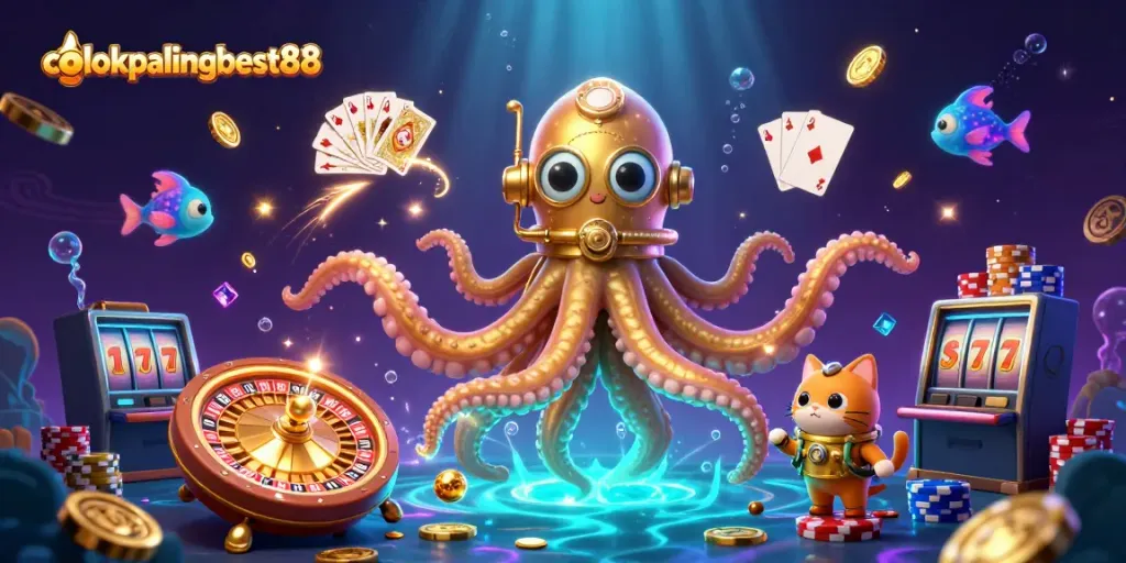 Experience thrilling gaming with colokpalingbest88's immersive illustration of a kraken, diving cat, and vibrant casino elements.