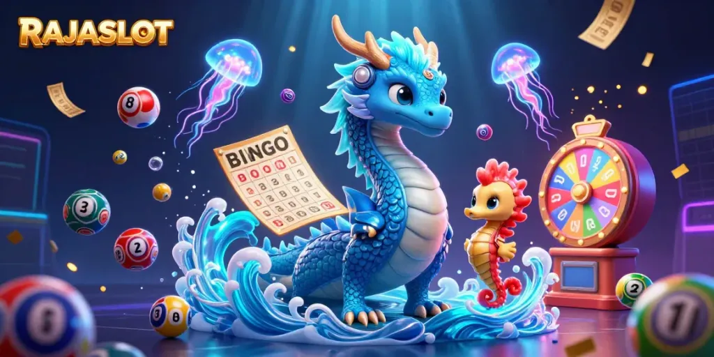 RAJASLOT, ilustrasi 3D yang menonjolkan kasino bawah air dengan naga air dan kuda laut dalam suasana permainan seru.