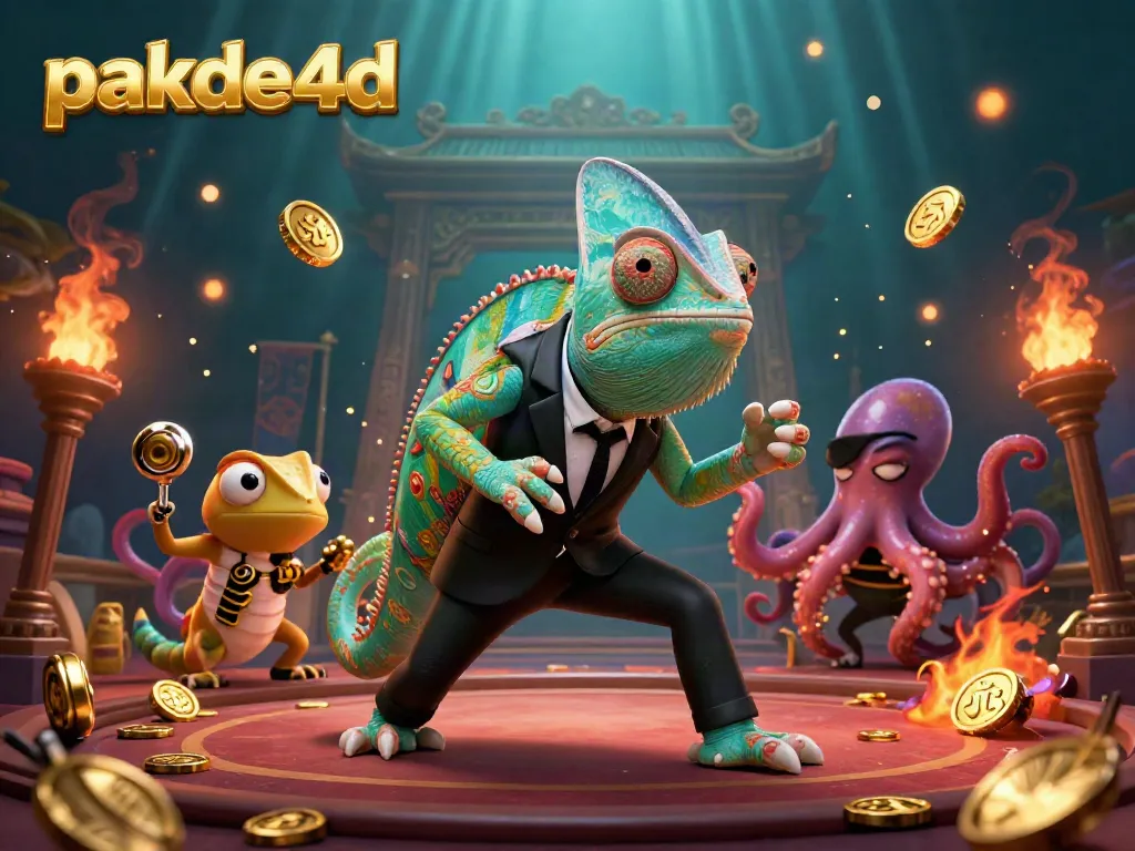 Engage with the vibrant pakde4d gambling scene featuring a chameleon, gecko, and octopus amidst a dazzling array of casino elements.