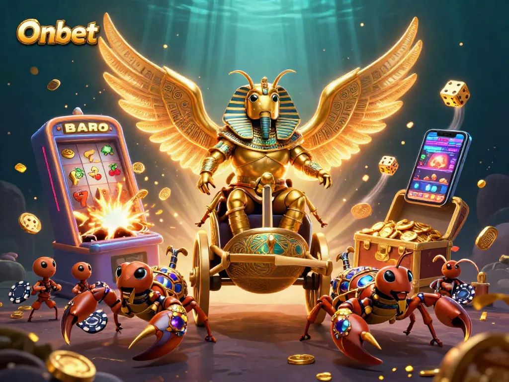 Engage with Onbet's vibrant casino scene featuring golden scarab, slot machine, and dynamic game elements.