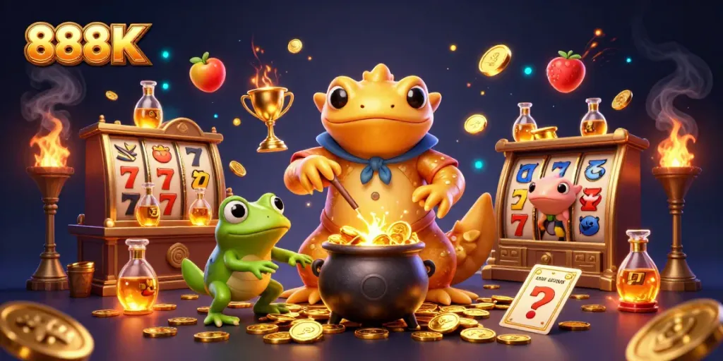 Experience exciting gameplay with 888K’s vibrant golden alchemist and slot elements in an immersive casino scene.