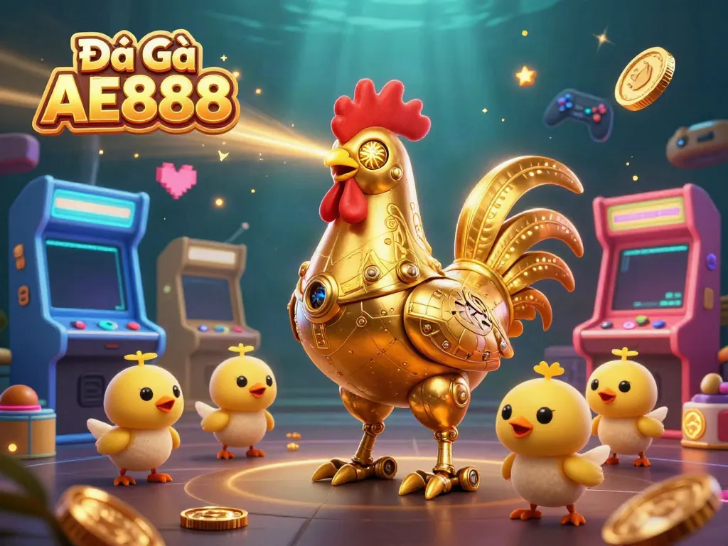 Engage in Đá Gà AE888 with an energetic scene featuring a golden rooster robot and drones amidst vibrant arcade games.