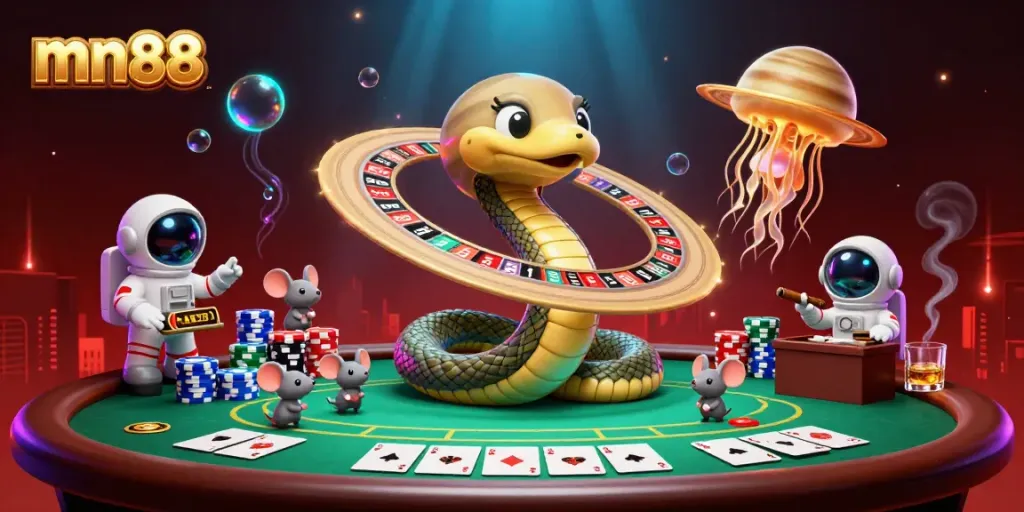 Experience the enchanting world of mn88 with vibrant casino elements and cosmic characters in this immersive 3D illustration.