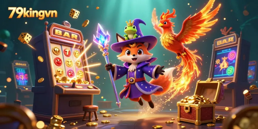 Experience excitement with 79kingvn's vibrant casino games in a magical illustrated scene.