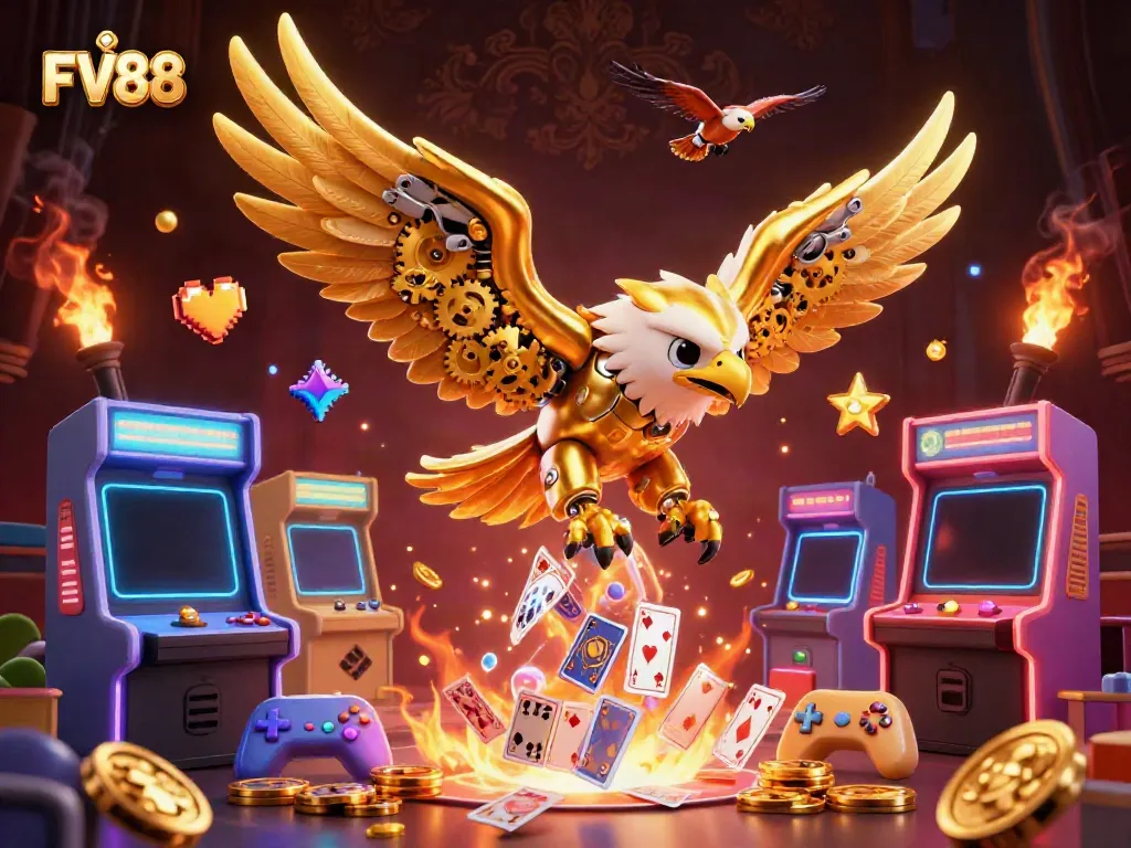 Experience the thrill of FV88 with a cybernetic eagle diving through holographic cards and gaming elements.