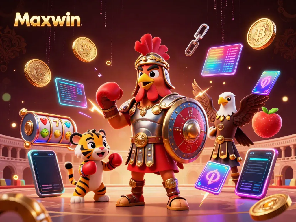 Experience Maxwin's casino excitement with a gladiator rooster and tiger cub in a vibrant 3D arena.