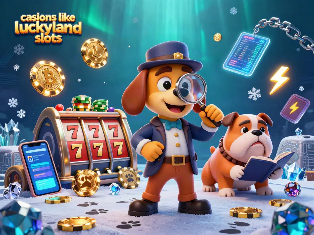 Explore casinos like luckyland slots in a vibrant 3D illustration with bonus symbols and currency.