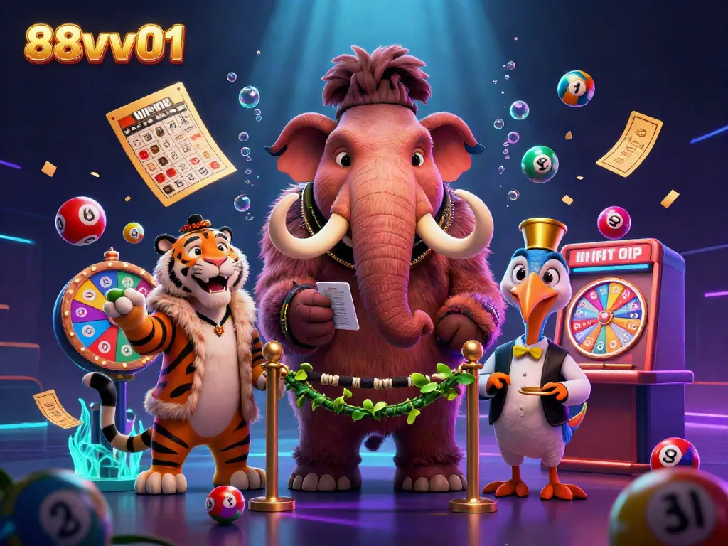 Experience the excitement of 88vv01 with fantasy characters at a casino, surrounded by vibrant lottery elements.