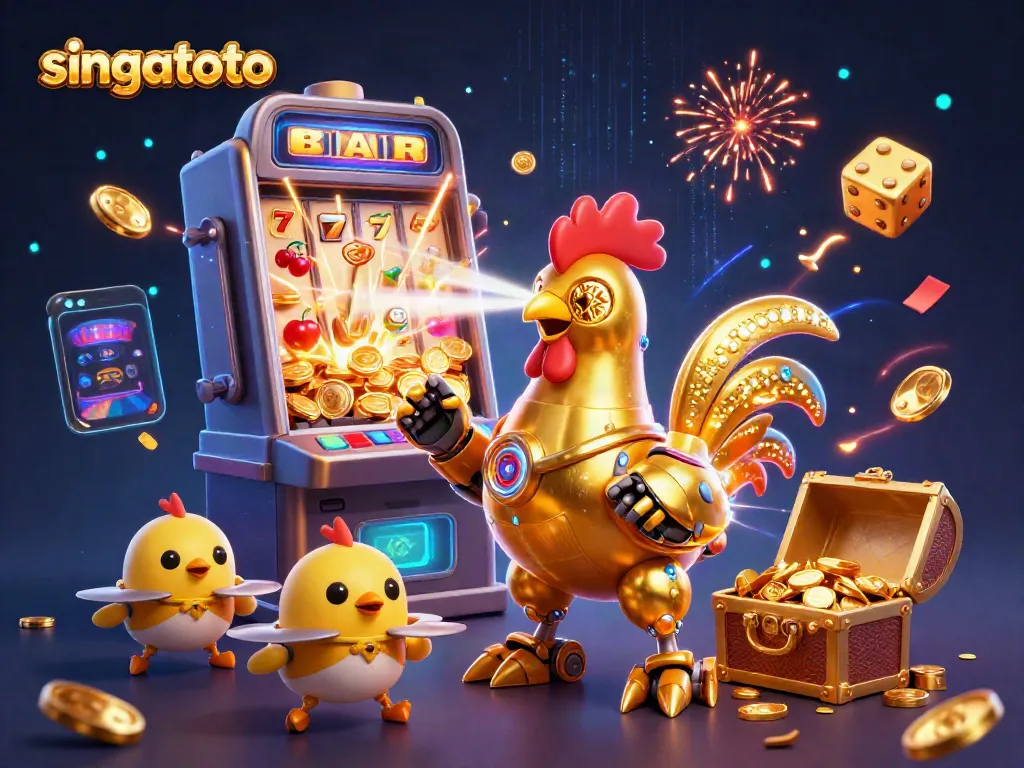 Experience the excitement of singatoto with a vibrant 3D casino scene featuring golden colors and fun characters.