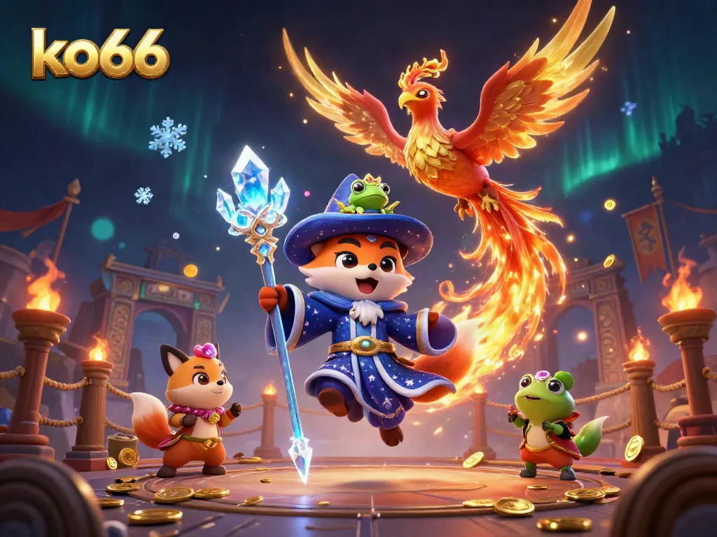 Experience thrilling gameplay with the ko66 platform, featuring a wizard fox and phoenix in a vibrant casino setting.