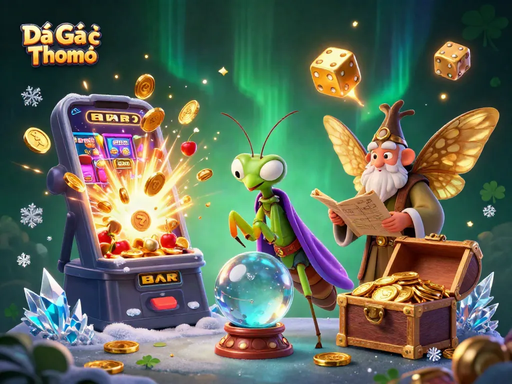 Engage with the thrill of Đá Gà Trực Tiếp Thomo in this vibrant 3D illustration, showcasing dynamic casino elements.
