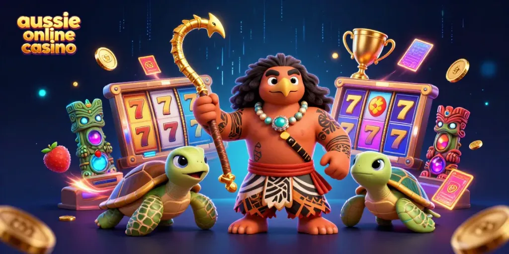 Experience the thrill of Aussie online casino with dynamic slot reels, vibrant characters, and exciting gaming elements.