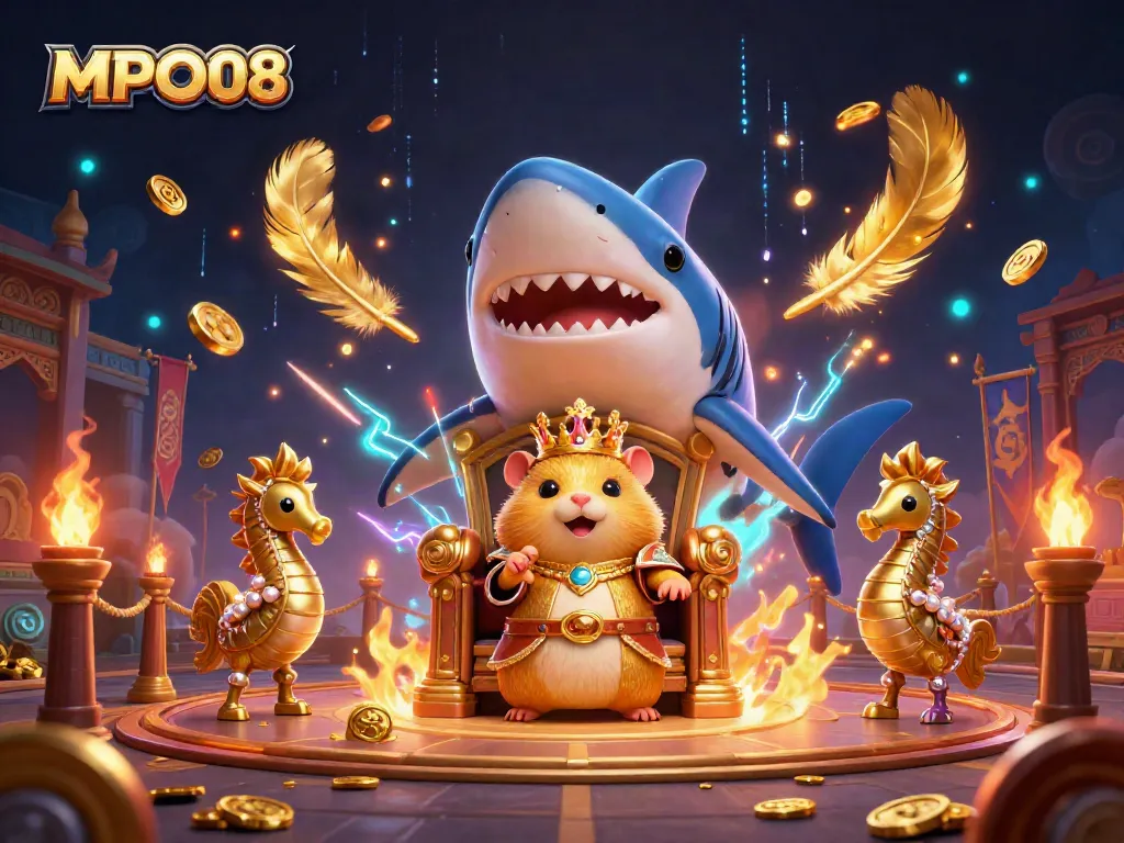 MPO08 enhances gameplay with a vibrant 3D cartoon scene showcasing a hamster king and unique casino elements.