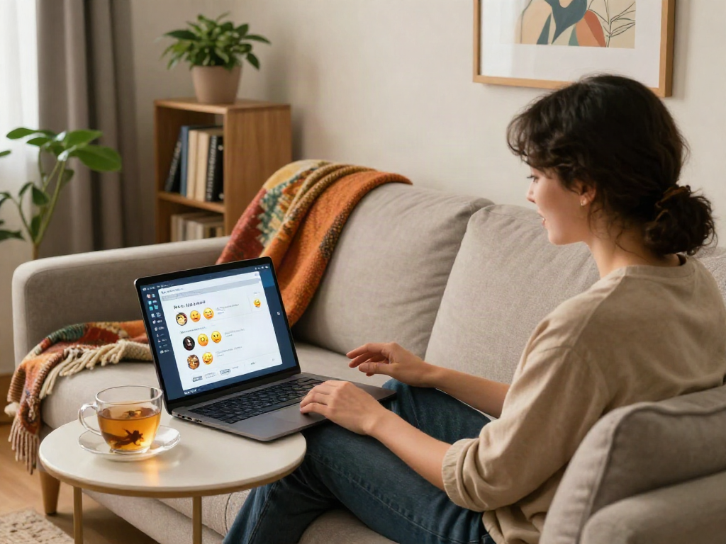 Individual engaging in sex AI chat on laptop in a cozy living room.