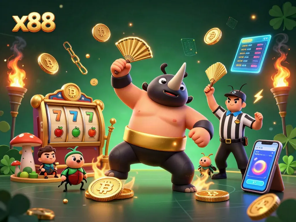 x88 offers thrilling casino experiences as a cartoon rhinoceros beetle sumo champion stomps golden coins in a vibrant 3D illustration.
