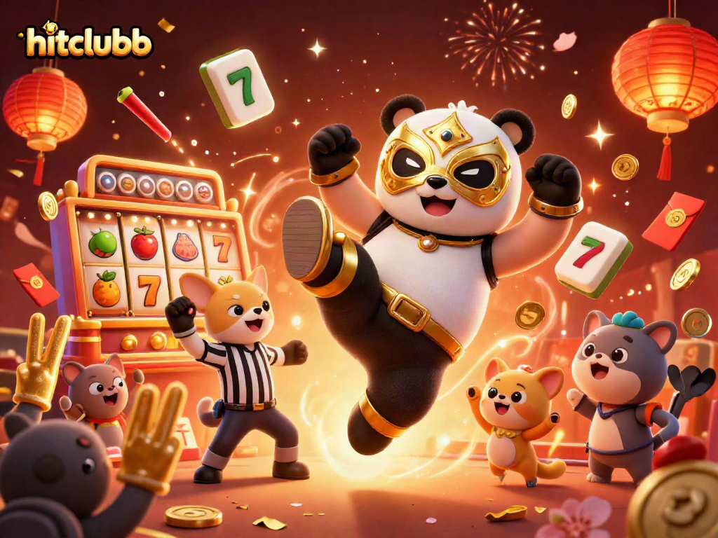 hitclubb delivers excitement with a panda wrestler kicking through vibrant casino slots