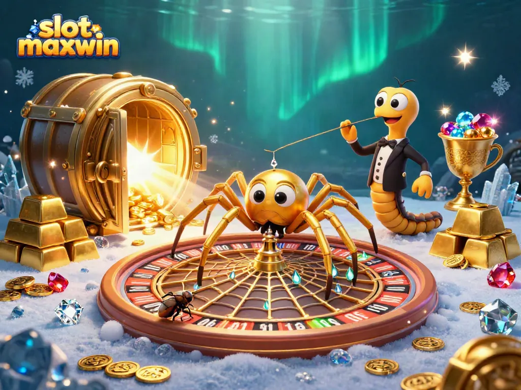 Experience slot maxwin with a golden spider spinning a roulette web and rich treasures scattered.
