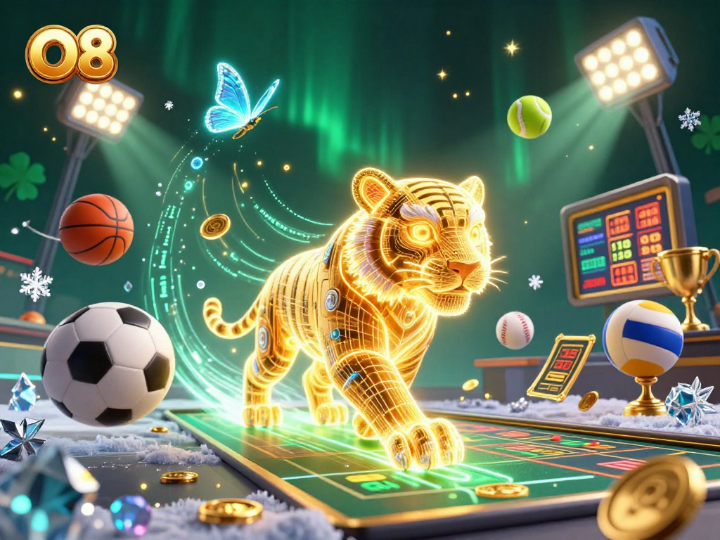 Experience thrilling sports actions at O8's vibrant casino with golden elements and dynamic visuals.