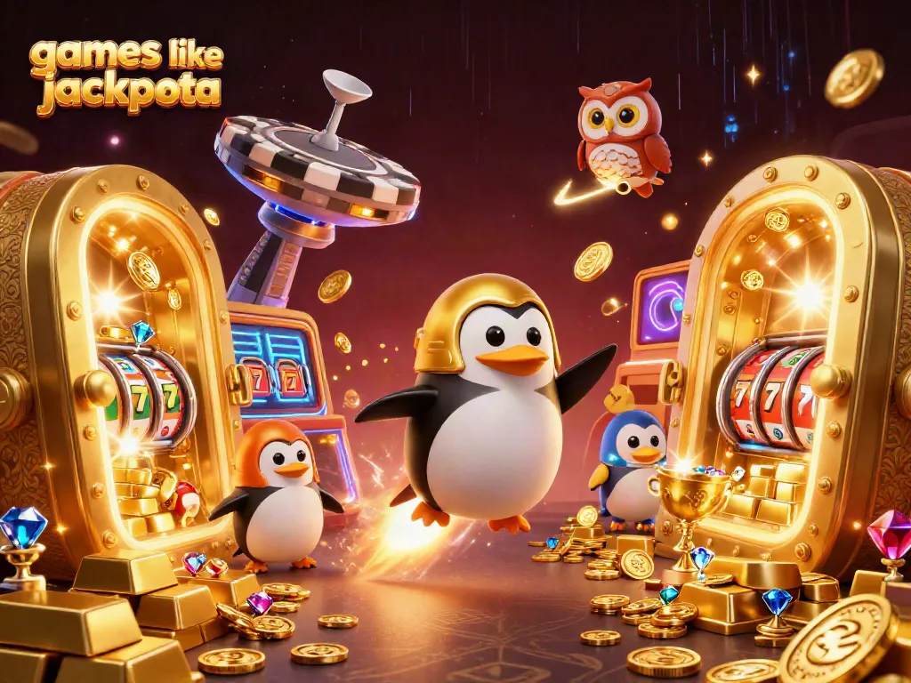 Play exciting games like jackpota with a golden penguin in a rich casino scene.