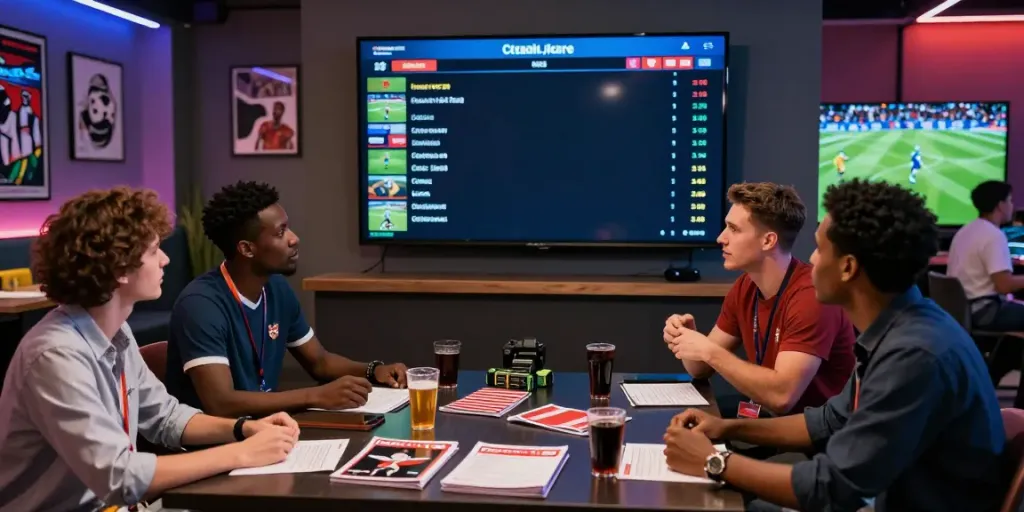 Exciting WWBOLA sports betting scene with diverse bettors analyzing live match stats and odds in a modern lounge.