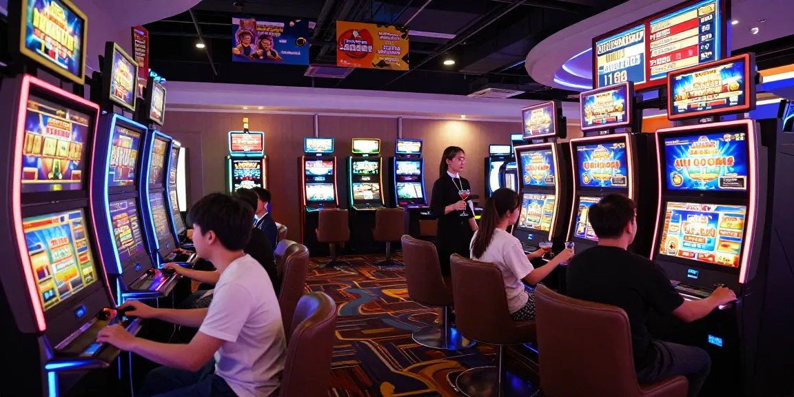 Engaged players enjoying vibrant bandar slot games in a modern casino.