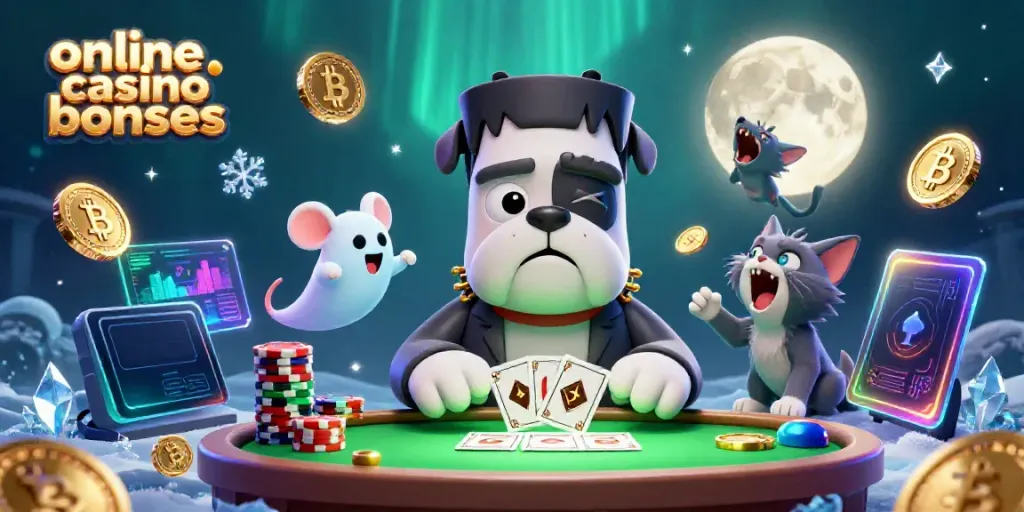 Experience exciting online casino bonuses illustrated by a 3D cartoon Frankenstein bulldog dealing cards amidst glowing crypto coins.