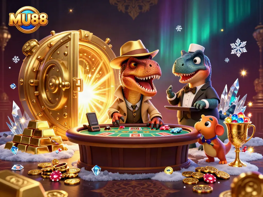 MU88 velociraptor card counter engaging in a lively blackjack scene filled with treasures.