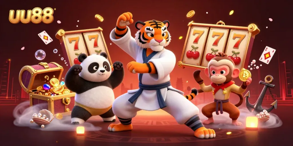 uu88 brings together a kung fu tiger master and friends amid casino excitement with slot reels and treasures.