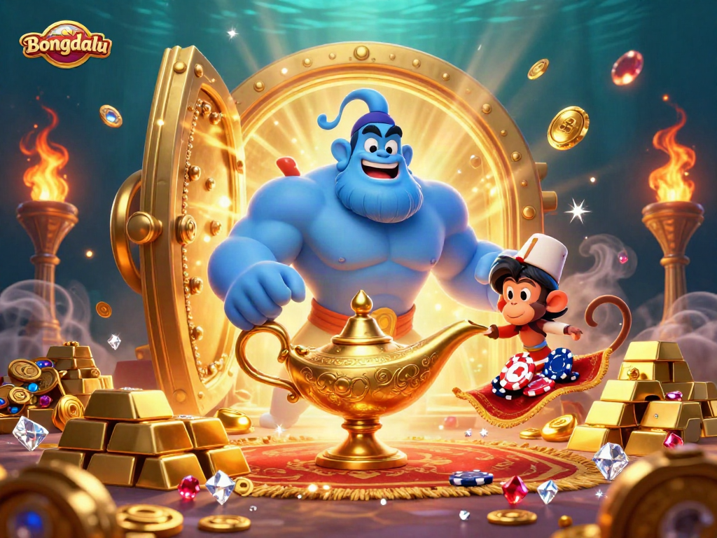 Bongdalu offers thrilling visuals with a genie, monkey, and poker chips in a lively, golden gambling scene.