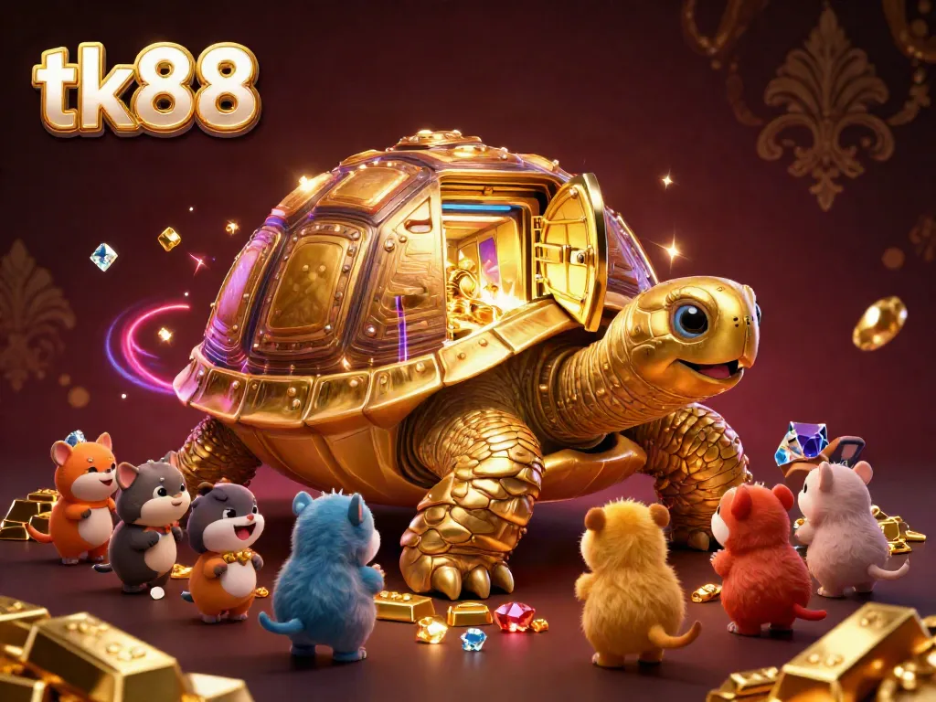 Excite players with tk88's golden tortoise pinball machine surrounded by treasures, creating a vibrant casino atmosphere.