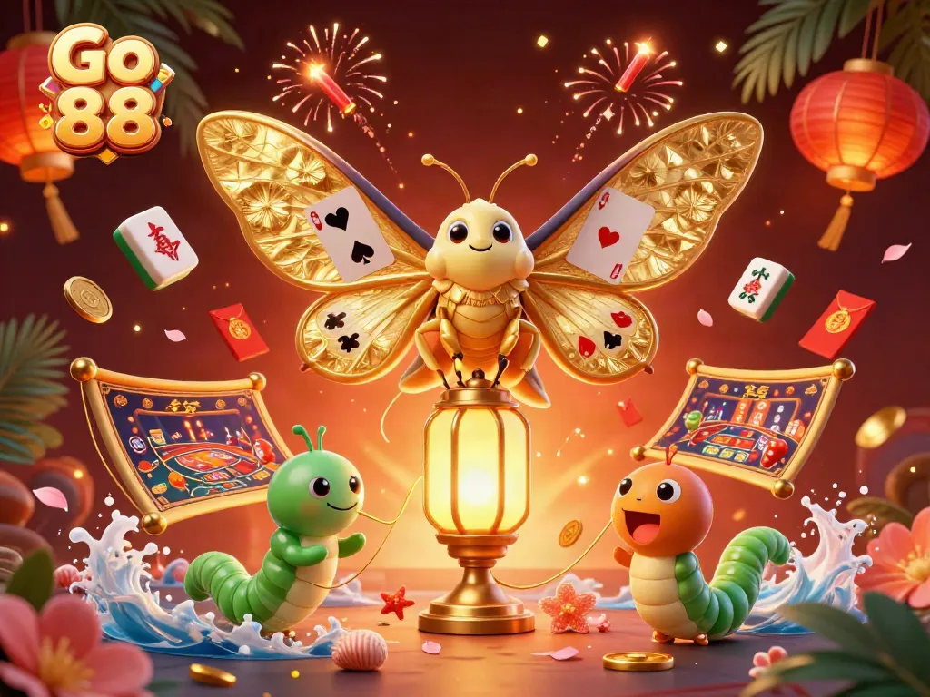 Experience the thrill of Go 88 as vibrant playing cards and golden lanterns illuminate the casino scene.