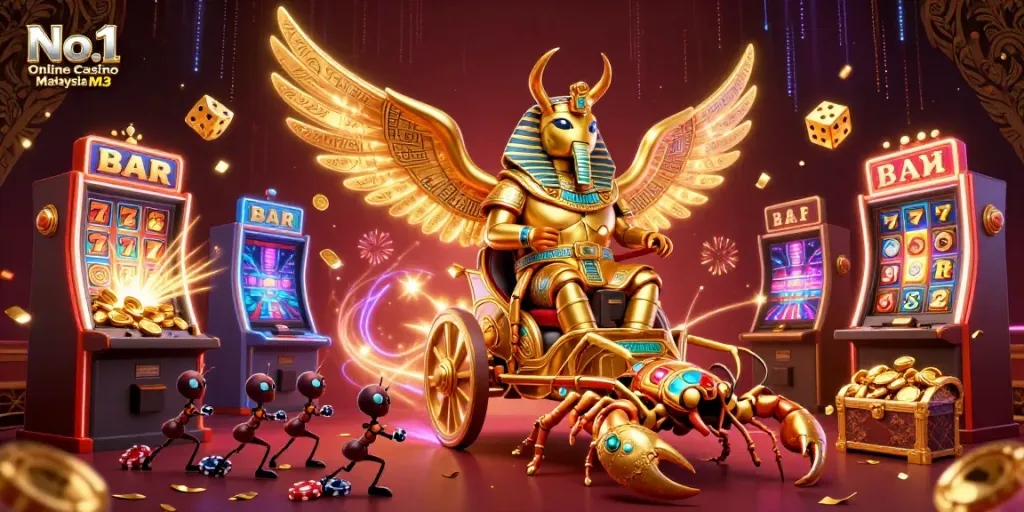 Experience the excitement of No.1 Online Casino Malaysia M3 with vibrant casino elements and dynamic characters.