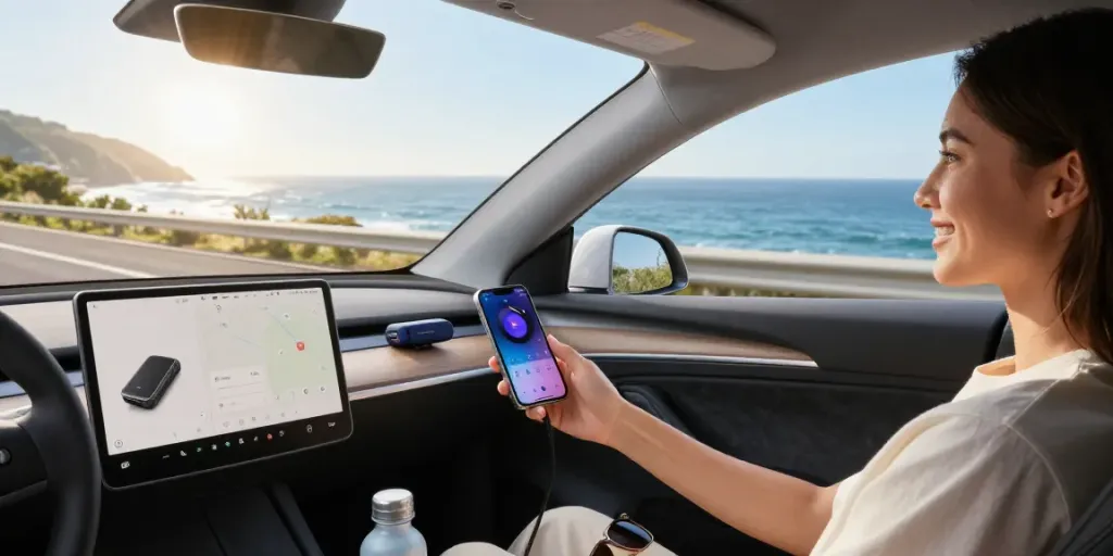 Pengemudi tersenyum sambil menggunakan air88 untuk menghubungkan smartphone ke mobilnya, menciptakan pengalaman berkendara yang nyaman.