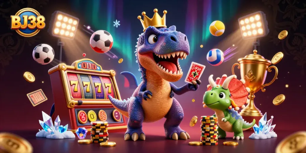 Engage in playful casino fun with BJ38 in a dynamic dinosaur and gaming-themed illustration.