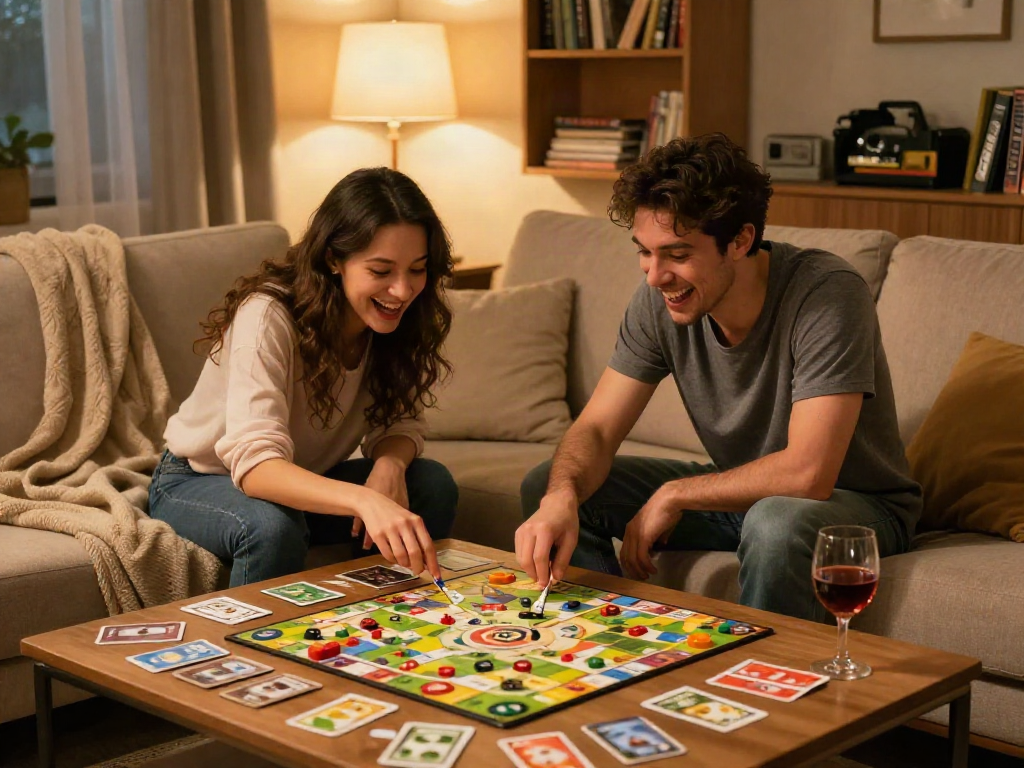 Couple enjoying sex games in cozy living room with game pieces and wine.