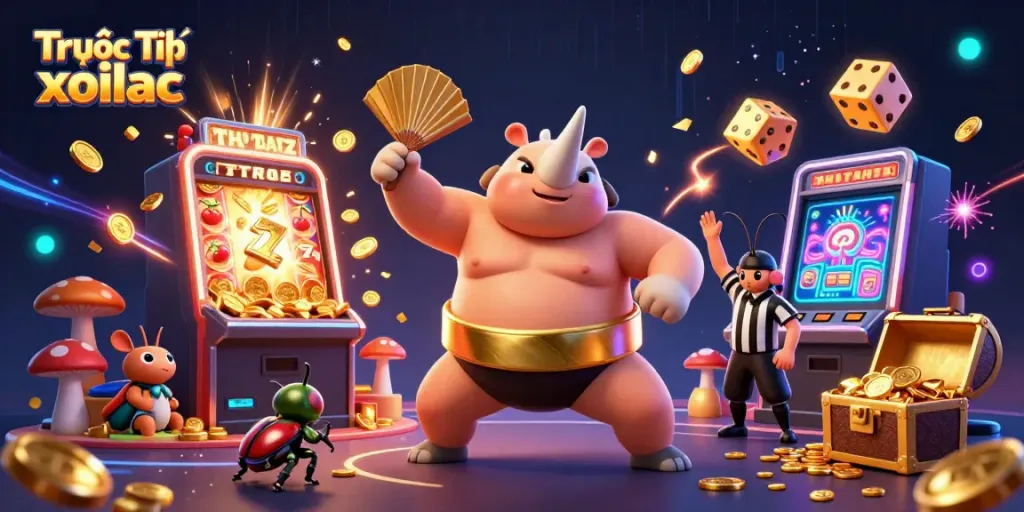 Experience the excitement of Trực Tiếp xoilac with a dynamic 3D scene featuring a sumo beetle champion and casino elements.
