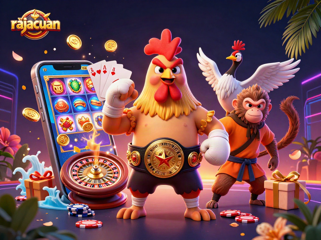 Win big with rajacuan in this dynamic 3D cartoon casino scene featuring vibrant characters and thrilling game elements.