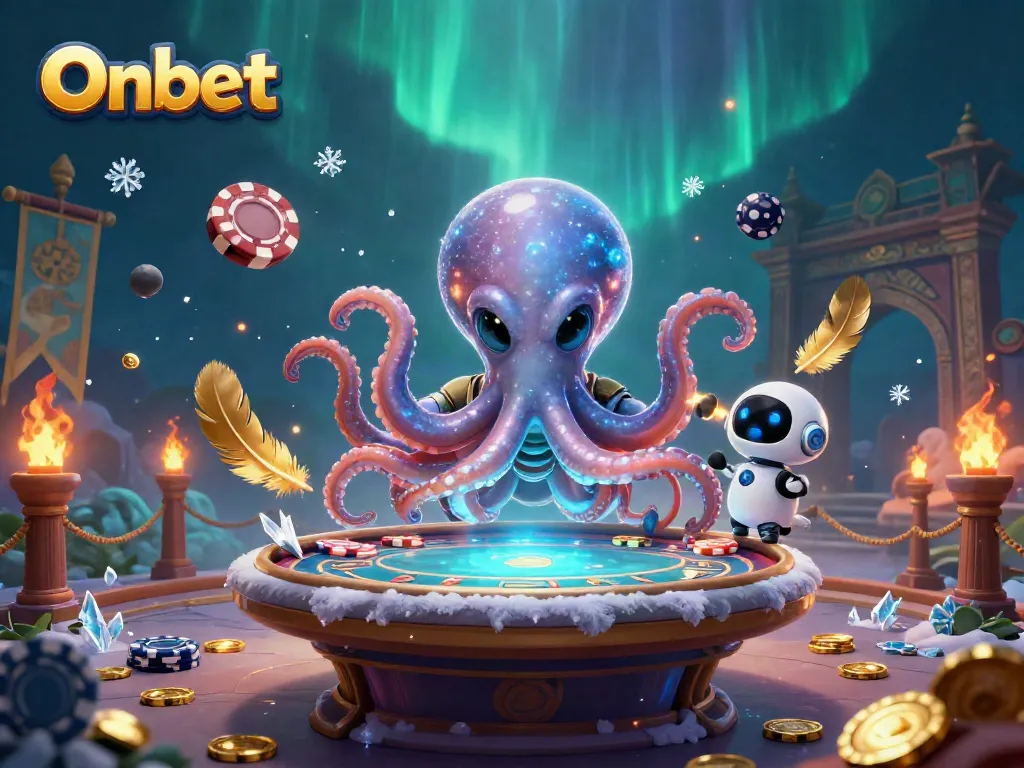 Engaging Onbet scene with a holographic poker table and a space octopus, showcasing vibrant casino elements.