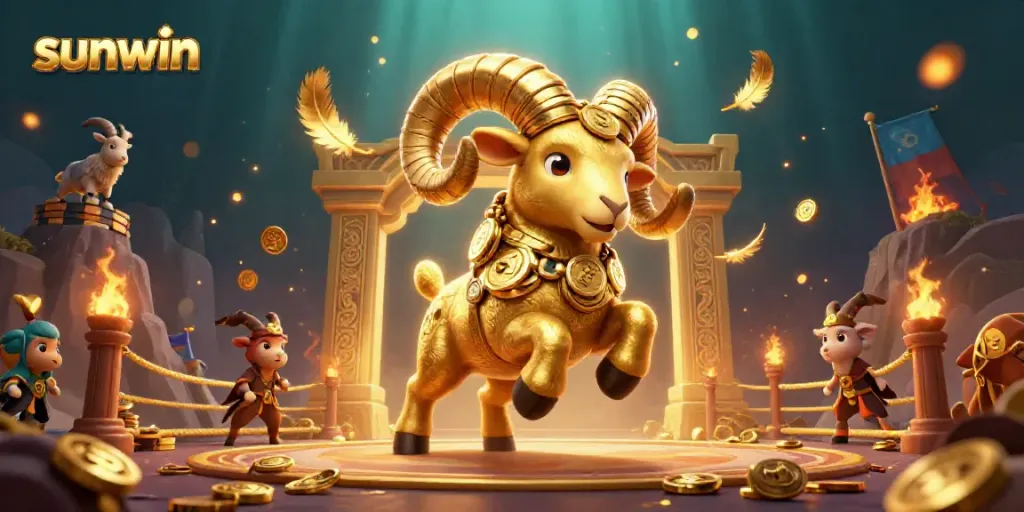 Experience the excitement of sunwin with a dynamic 3D casino scene featuring a golden ram charging towards a golden gate amidst flying coins and vibrant betting elements.