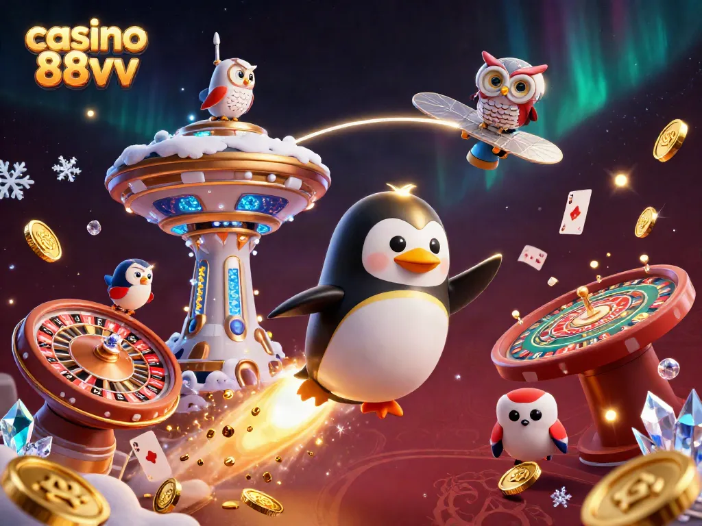 Engage with the excitement of casino 88vv as a golden penguin navigates a vibrant casino space scene.