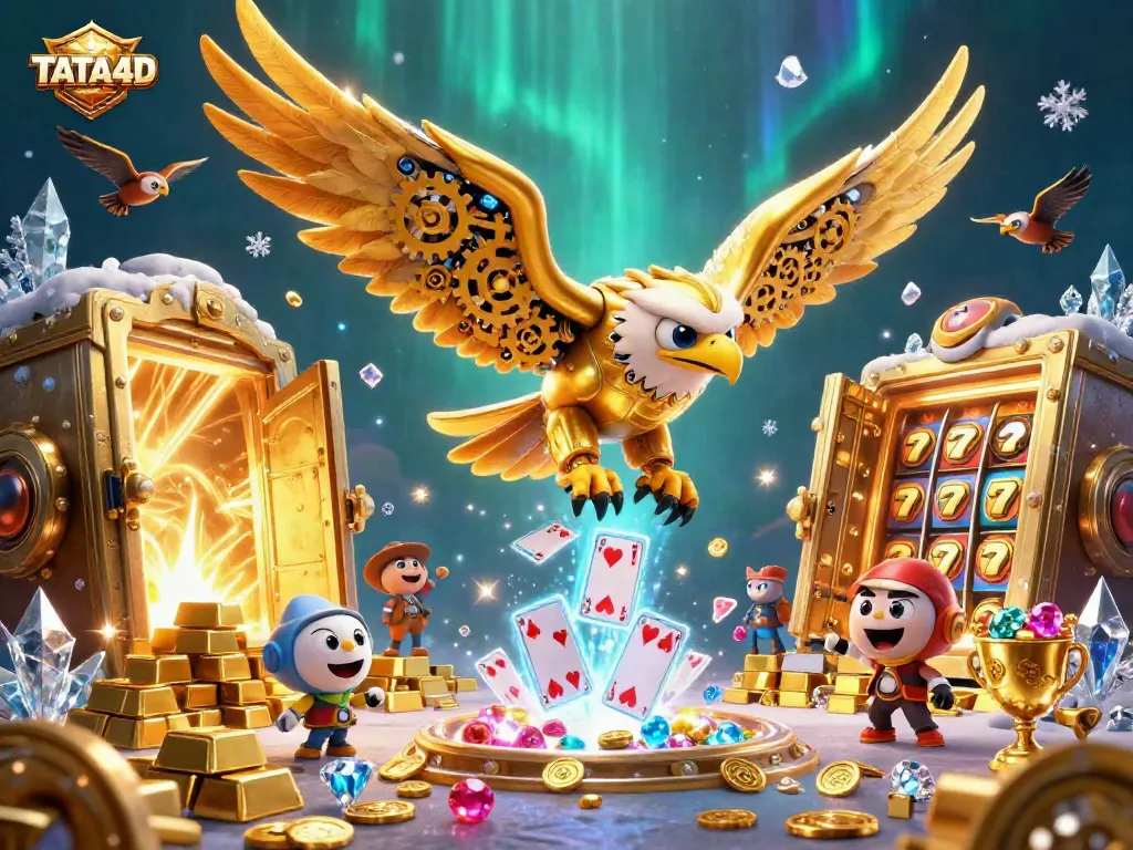 TATA4D captures the excitement of gambling with an eagle flying through holographic cards amidst gold treasures and slot elements.