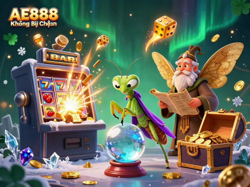 Engage with AE888 Không Bị Chặn as mystical characters reveal casino secrets in an animated scene
