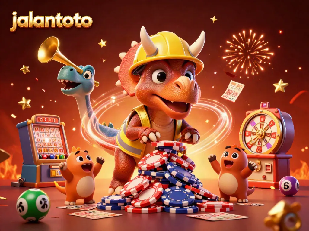 Visualisasi jalantoto dengan triceratops membangun tumpukan chip poker dikelilingi bola lotere dan mesin undian.